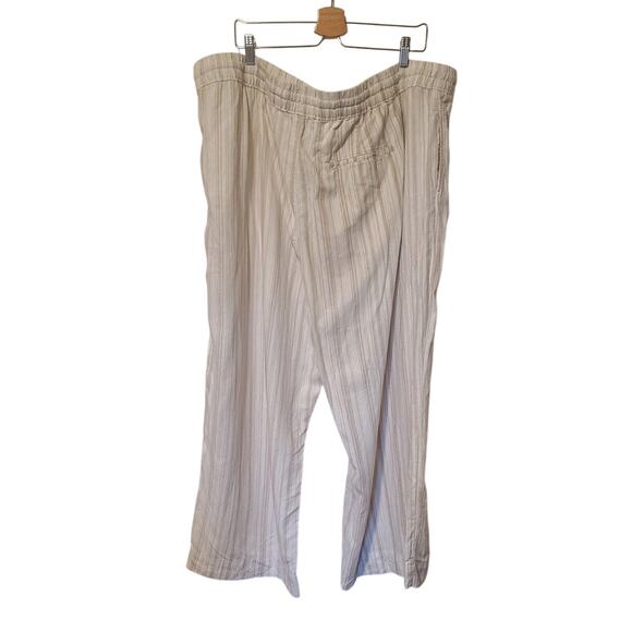 Cream Tan Stripe Linen Blend Elastic Waste Wide Leg Drawstring Crop - Size 3X - Picture 3 of 4